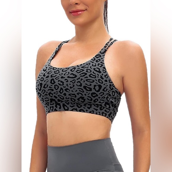 Running Girl Strappy Sports Bra Medium Support Gray Leopard Print Size M - Picture 1 of 7
